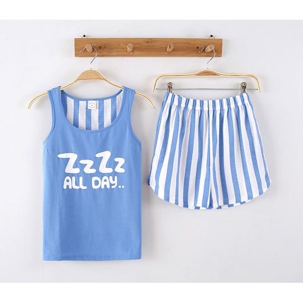 

kisbini 2019 women summer pajamas set cotton letter stripe print sleeveless t-shirt+shorts sleepwear homewear suit, Blue;gray