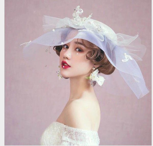 

white lace flower hat with screen yarn shape cover walk show headdress hair accessories, Slivery;golden