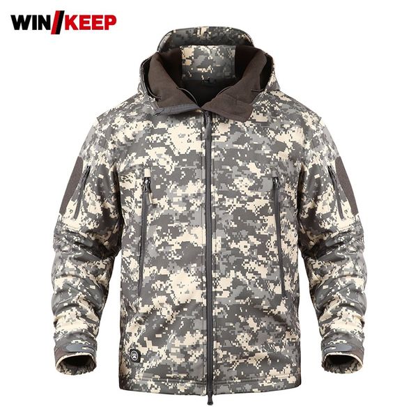 

outdoor camouflage fleece jacket men autumn winter softshell thick warm hooded tactical jacket waterproof hiking coat male, Blue;black