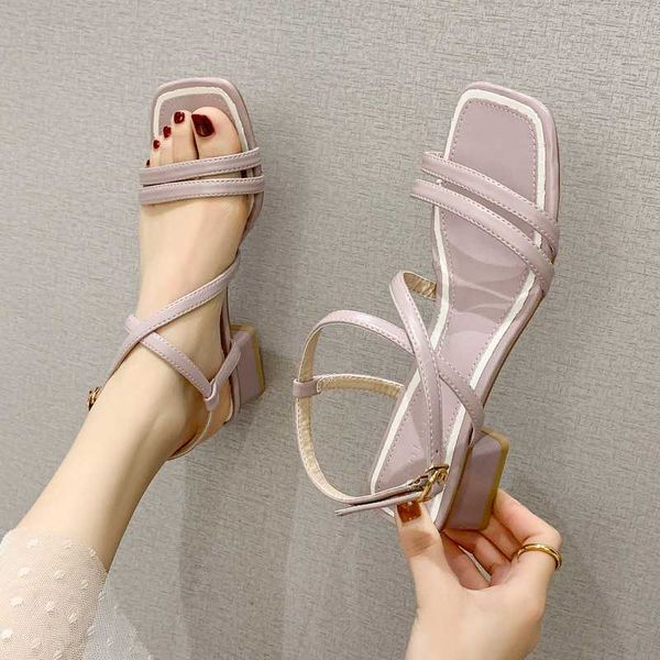 

design purple slippers sandals women pu narrow band chunky heel slippers summer open toe ankle buckle sandals women 2020, Black