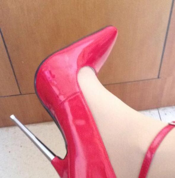 

2017 pointed toe ankle strap red black patent stiletto women plus size shoes size 43 44 18cm 16cm metal extreme high heels
