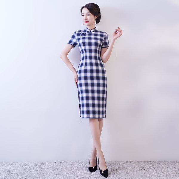 

2019 fashion knee length cheongsam chinese style mandarin collar dress womens summer cotton qipao slim party dresses vestido, Red