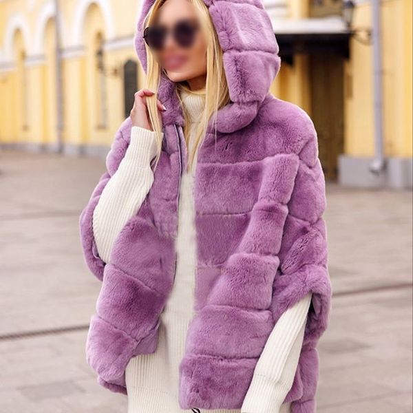 

real rex fur coat jacket with hood with batwing sleeve furry winter half sleeve 2019 plus size casual loosely zipper, Black
