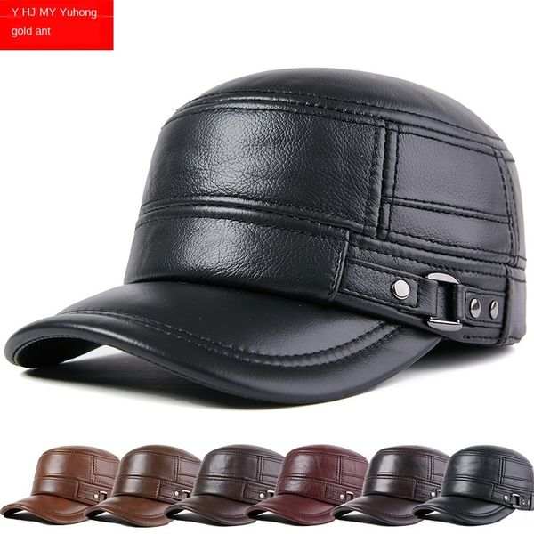 

season genuine leather men's cowhide hat middle-aged and elderly men's flat hat flat army cap outdoor warm ear cap, Blue;gray
