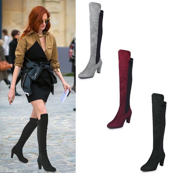 

2019 party boots fashion suede leather shoes women over the knee heels boots stretch flock winter high botas 35-43, Black