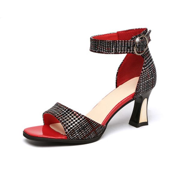 

new 2019 lady sandals 8944 rhinestone sandals thick heel metal buckle women's shoes one-piece buckle shoes, Black