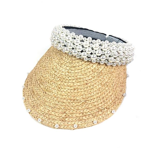 

2019 fashion straw hat hand-stitched pearl raffia sun hats visor female summer hat beach without summer caps for women, Blue;gray