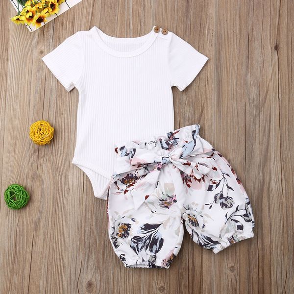 

baby clothes sets solid romper bow floral shorts casual girls clothing outfits set casual fashion children suits enxoval, White