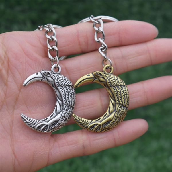 

norse viking pagan wicca raven keychain crescent moon pagan witch jewlry, Silver