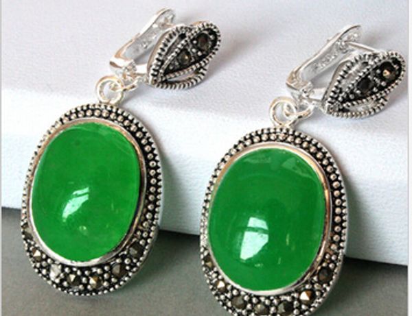 

oval natural jade antique silver vintage jewelry green earring 925 silver natural gem/jade/coral/opal marcasite earrings