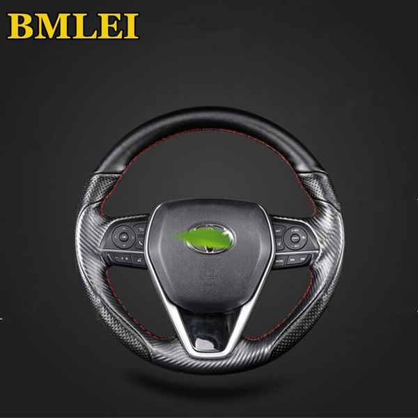 

hand sewing car steering wheel cover carbon fiber car styling steering-wheel wrap braid case interior for camry 2018