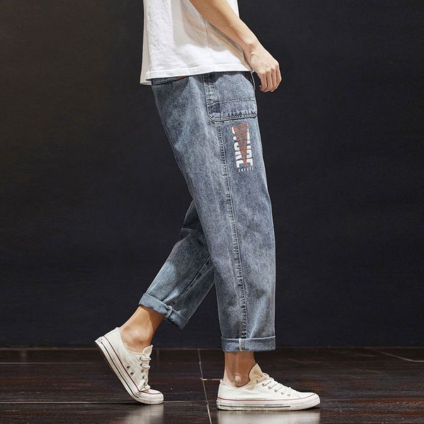 

summer fashion men jeans loose fit denim harem pants retro blue printed designer casual trousers streetwear hip hop jeans men