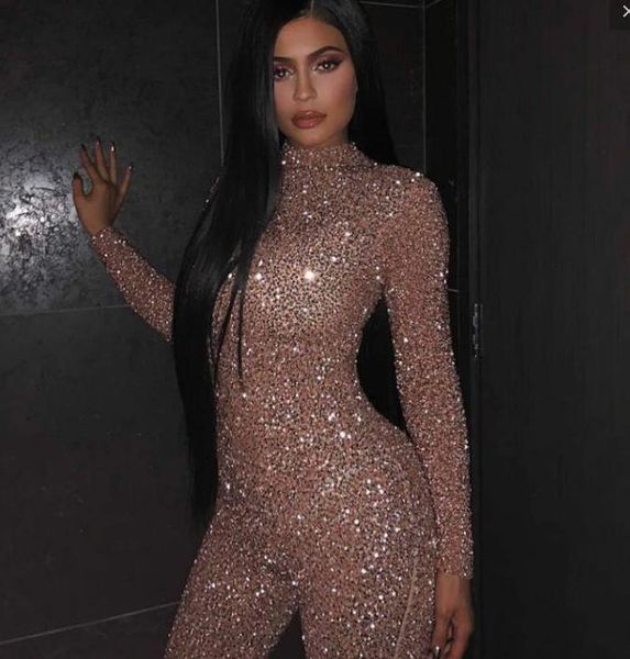 Akşam elbise Yousef aljasm 2018 Kim kardashian Yüksek boyun Uzun kollu Gümüş Kristal Kylie Jenner Zuhair murad Ziadnakad 0018