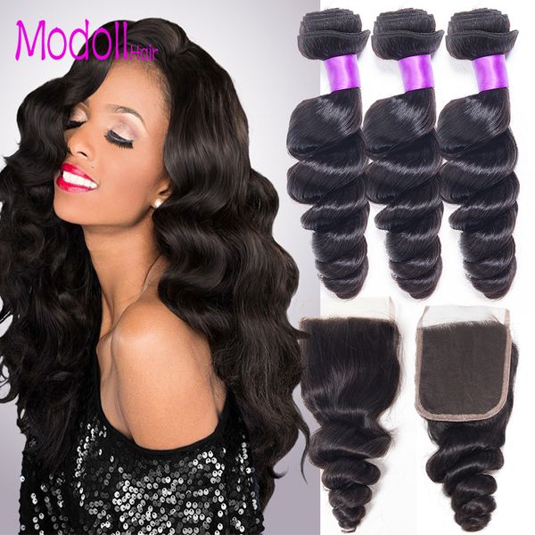 

brazilian virgin hair loose weave bundles with lace closure remy human hair 3 bundle deals 4 pcs/lot loose wave bundles with closure, Black;brown