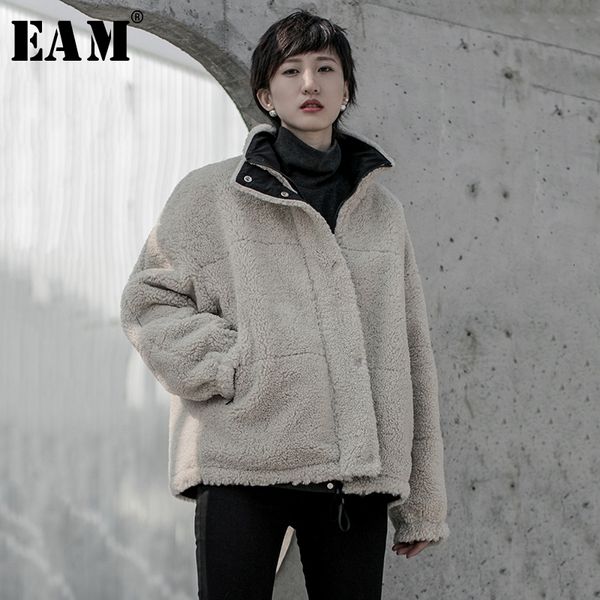 

eam] loose fit both side wear lambswool big size jacket new stand collar long sleeve women coat fashion autumn winter 2019 a824, Black;brown