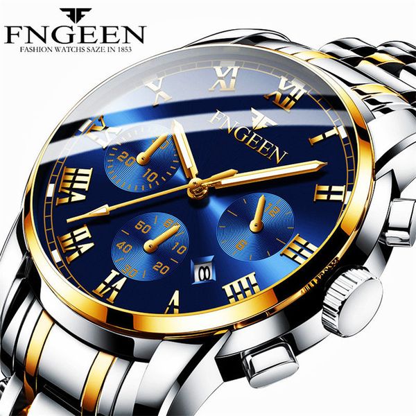 

luxury gold men watch good quality men's quartz clock stainless steel watches 30m waterproof calendar date (small dial not work, Slivery;brown