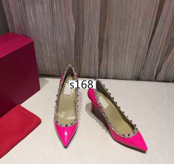 

designer new lady pointed toe 2-strap rivet heels, pointed leather banquet dress heels 8.5cm size 39, Black