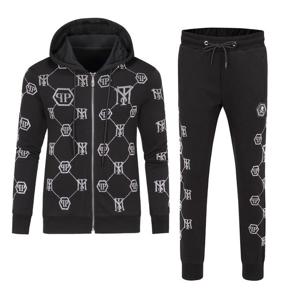 

phillip plain tide brand set mens designer hoodie luxury fashion casual pants trendy sports set rhinestone print zip shirt, Gray