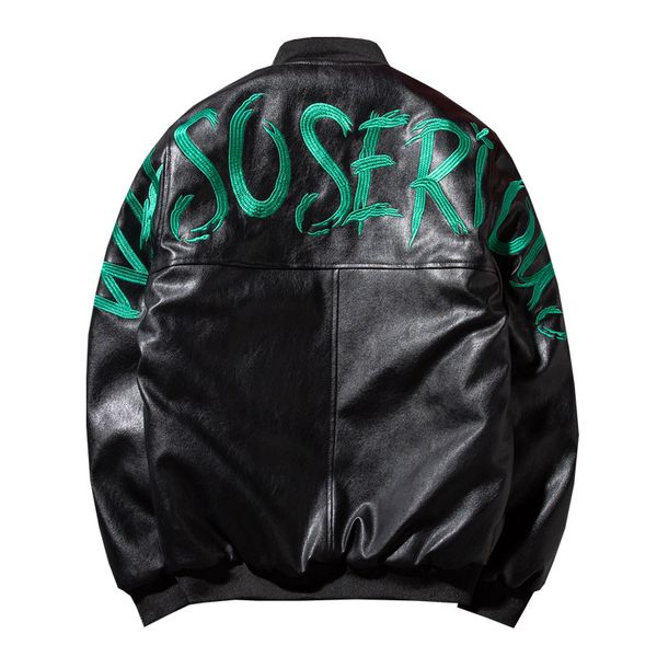 

western-style high-street embroidery cotton-padded locomotive coats men's hip-hop pu leather jackets, Black