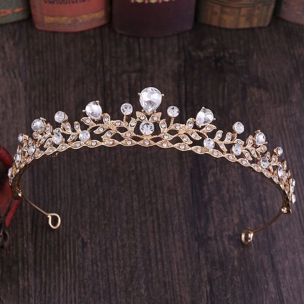 

simple bride small crown headwear alloy with rhinestone leaves wedding hair accessories women headdress 50pe, Golden;white