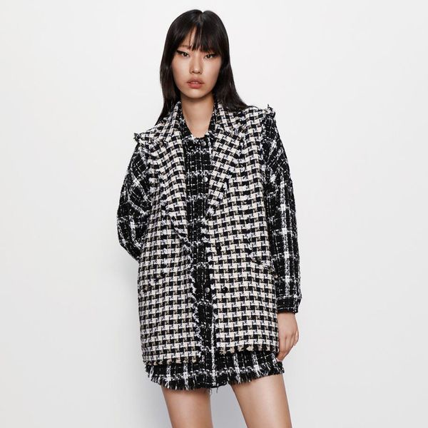 

zoepo frayed houndstooth vests women fashion casual turn down collar coats women elegant single button vests female ladies ad, Black;white