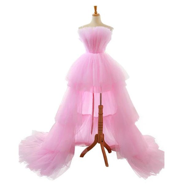 

fairy a-line tulle blush pink wedding dresses tiered skirt high low wedding dress lace up back colored wedding gowns, White