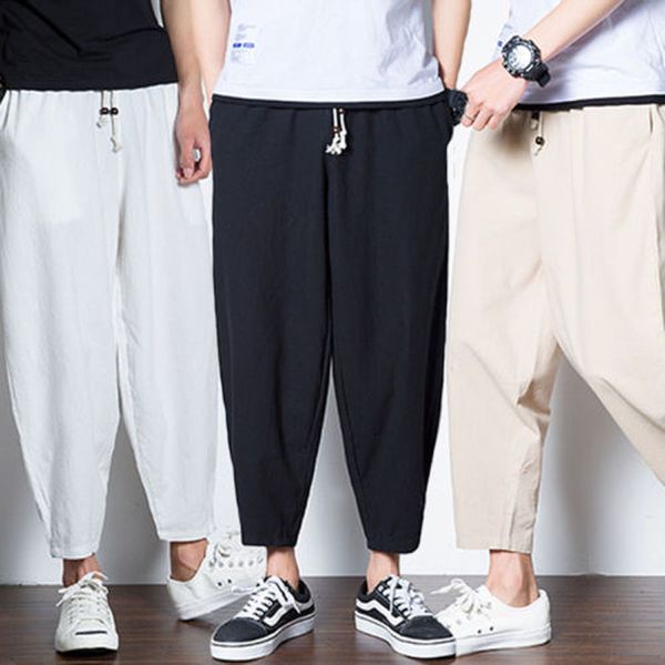 

2018 brand new fashion men's linen loose pants beach drawstring bottoms casual long slacks solid trousers plus, Black