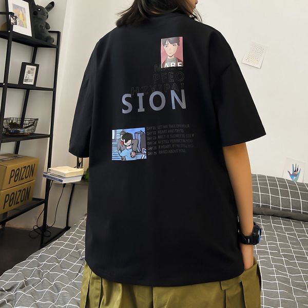 

2020 summer new youth popular couple personality printed loose large size t-shirt fashion casual round neck pullover, White;black