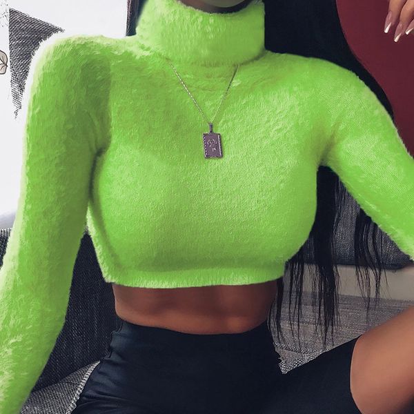 

2019 hip high collar sweatshirt fluorescent green plush women sweatshirt slim autumn winter female woolen crop top, Black