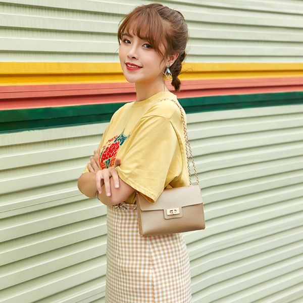 

new 2019 shoulder single bags pu leather women korean version of solid color lock chain small square package