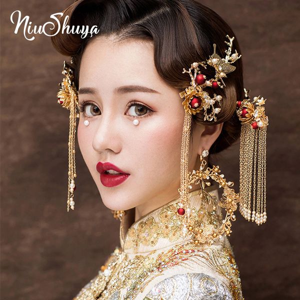 

niushuya luxury chinese gold butterfly bridal headdress ancient hairpins wedding coronet hair jewelry accessories, Golden;white