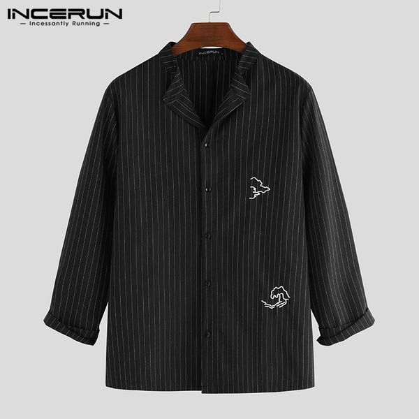 

incerun vintage men striped shirt stand collar embroidery cotton long sleeve brand streetwear camisa casual shirts men 2019 3xl, White;black