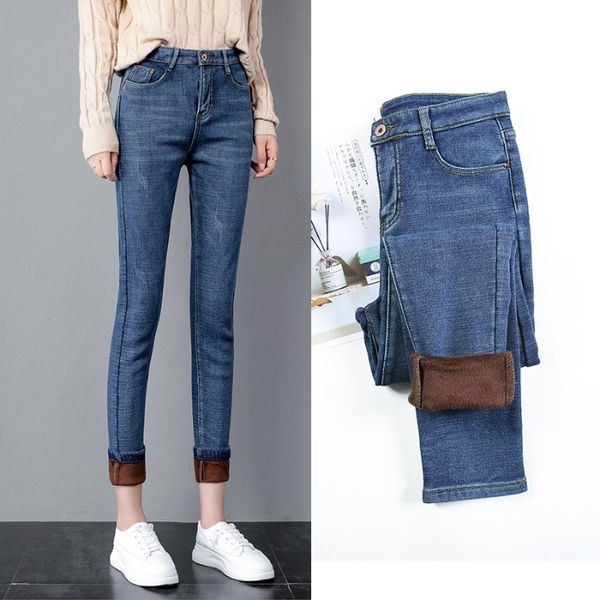 

winter warm jeans women high waist skinny stretch velvet denim pencil pants with fleece mom jeans feminina, Blue