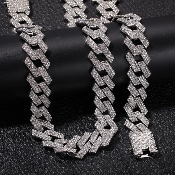 

new color 20mm prong cuban link chains necklace fashion hiphop jewelry 3 row rhinestones iced out necklaces for men, Black