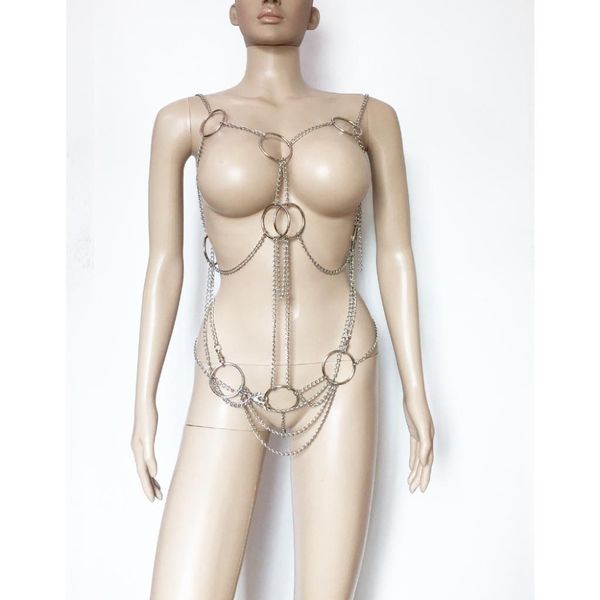 

metal drape chain and rings cupless bodysuit bikini party body harness metallic body chain tassel fetish lingerie, Red;black