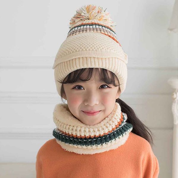 

2020 fashion three-piece girls hat cap beanie cap scarf patchwork hats bib gloves warm knitted scarf kids winter casual plush, Yellow