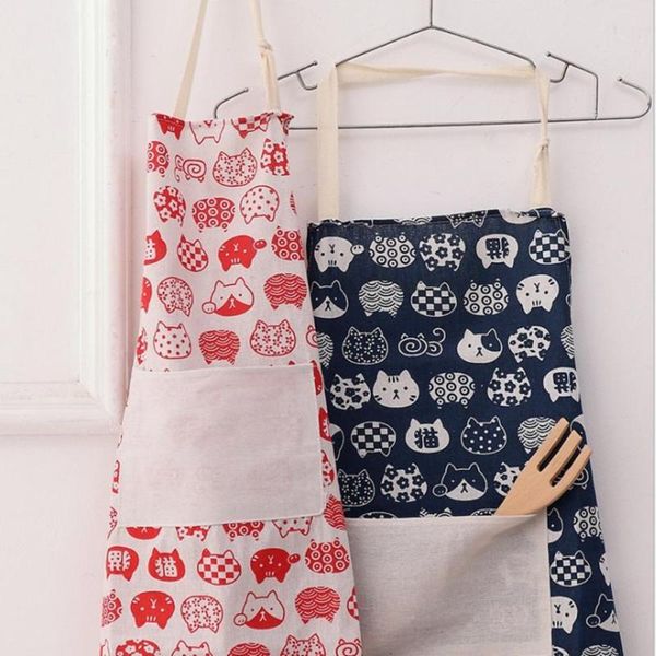 

new fashion cat print cotton linen apron household apron with pocket halterneck soft aprons kitchen accessories