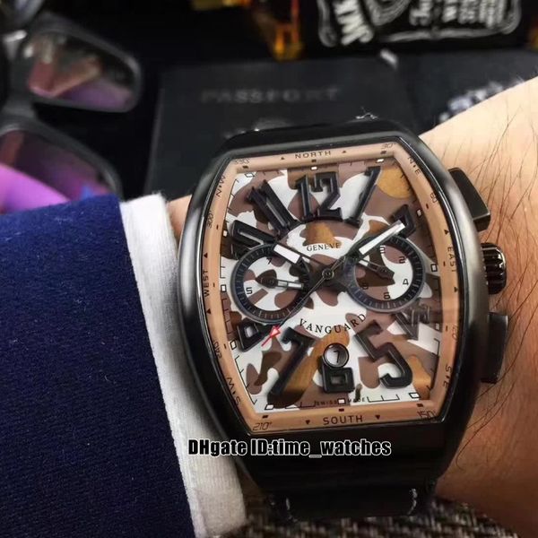 

new vanguard v 45 cc dt camou mc nr mens automatic watch camouflage dial leather strap pvd black steel case gents cool watches, Slivery;brown