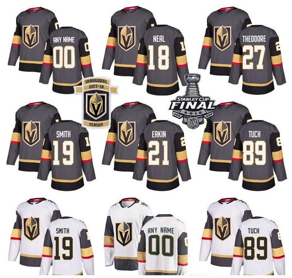 

vegas golden knights custom hockey jerseys name number 19 reilly smith 89 alex tuch 27 shea theodore 21 cody eakin kids man woman gray white, Black;red