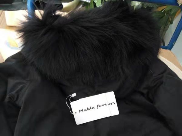 Реальные фотографии Мужчины Furs Parkas Black Raccoon Меховая отделка Hoody Mukla Furs Brand Black Rabbit Меховые лайнера Черный Холст Длинные Куртки