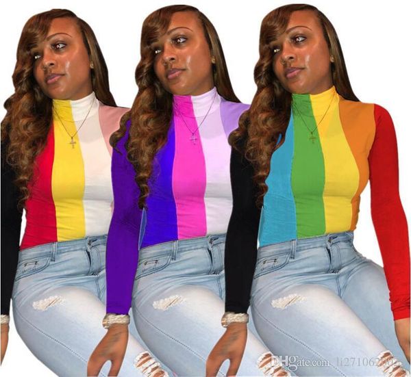 

large sizes women's clothing casual tee shirt multi - color striped printing pullovers 2019 autumn women high collar t shirt top, White