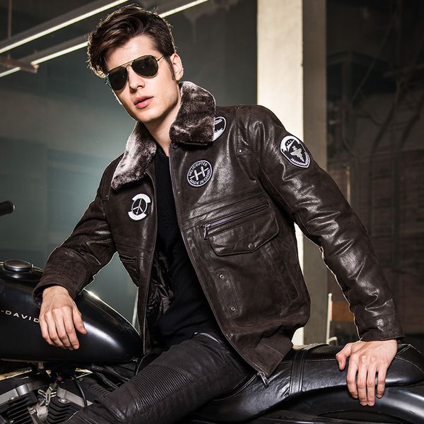 

2016 men's real leather jacket pigskin genuine leather jacket men coat flight jackets padding cotton warm, Black