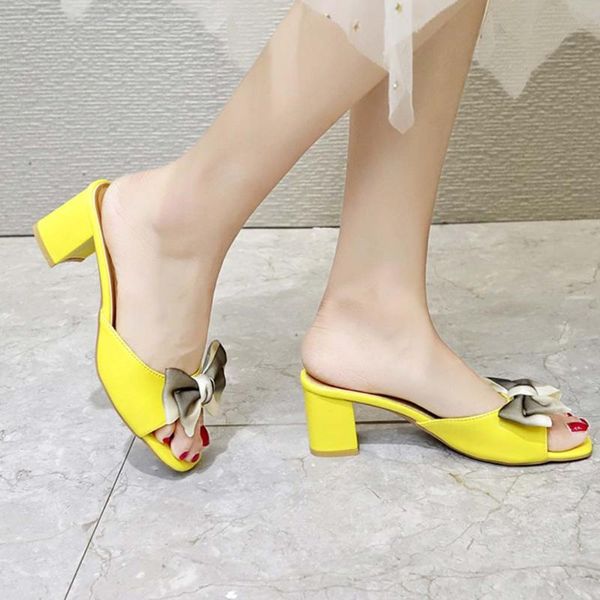 

luxury sweet butterfly-knot slippers open-toed slippers rough middle heels women party furry flip flops ladies sandals summer, Black