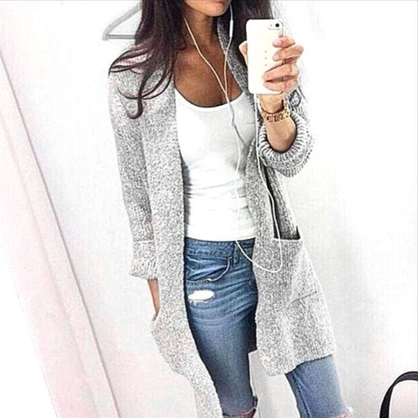 

solid color women knit cardigan long sleeve loose casual knitted coat, Black