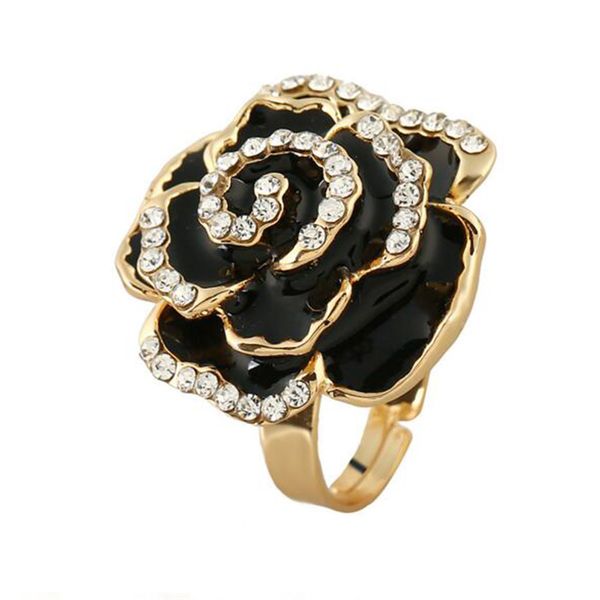 

romantic rose flower ring for women gold color crystal adjustable finger open rings anillos mujer, Slivery;golden