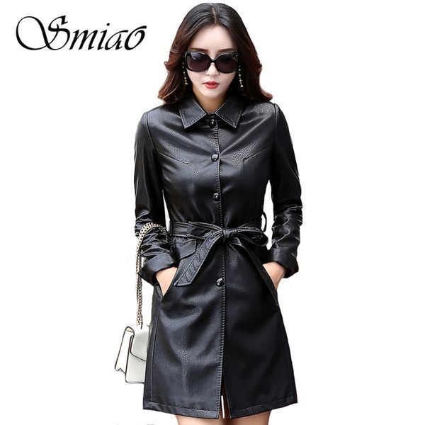 

smiao 2018 plus size autumn winter black leather jackets women female long women's coats slim pu leather outerwear belt 4xl