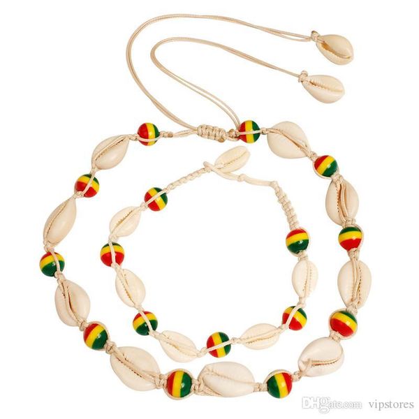 

cross-border accessories new handmade braided rope beads shell pendant european and american-style popular beach anklet wholesale womens, Red;blue
