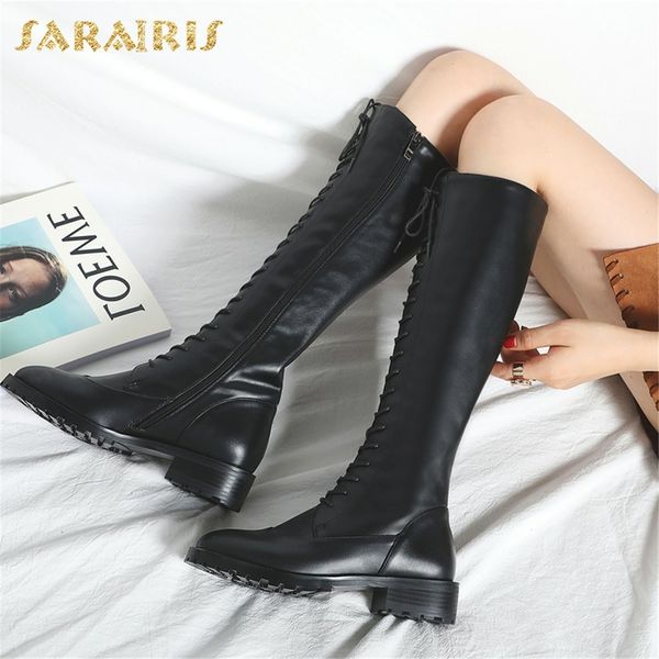 

sarairis 2018 genuine cow leather zip up shoes woman boots fashion large size 33-42 knee-high boots woman shoes riding, Black