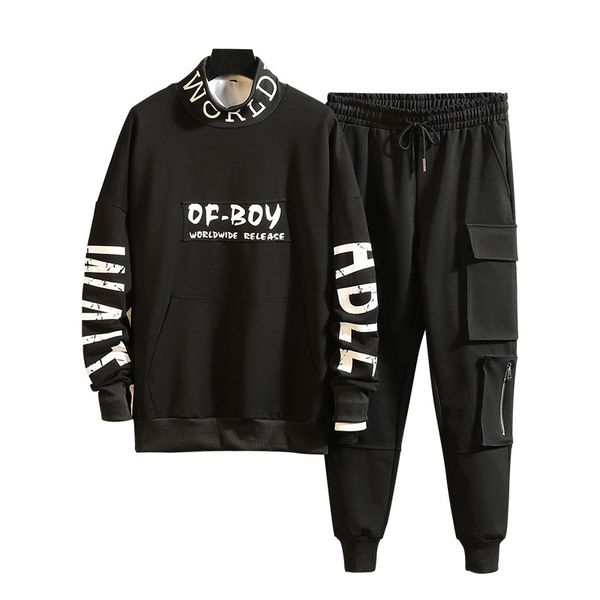 

zhijing letter printed cotton men sweater suit spring semi-high collar loose casual sports two-piece men sweater suit tracksuit, Gray