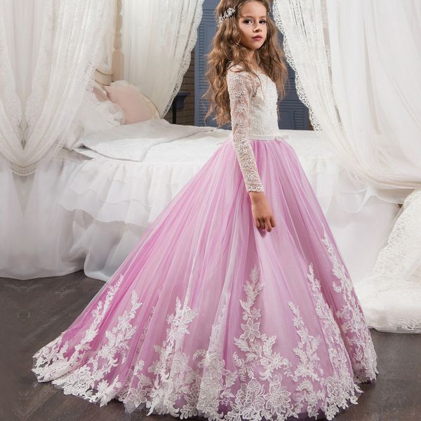 

pink flower girl dresses with sash lace appliques custom made ball gown first communion dresses for girls elegant sale, Red;yellow